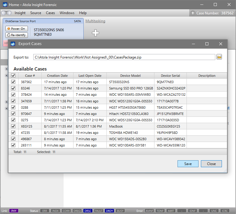 Export selected cases