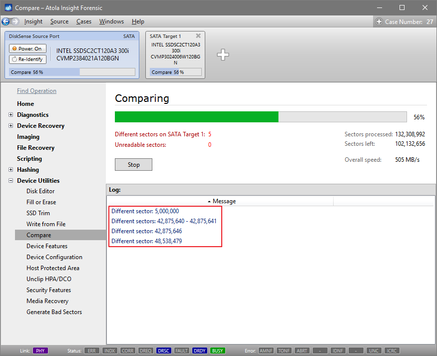 Different sectors found during source and target device comparison