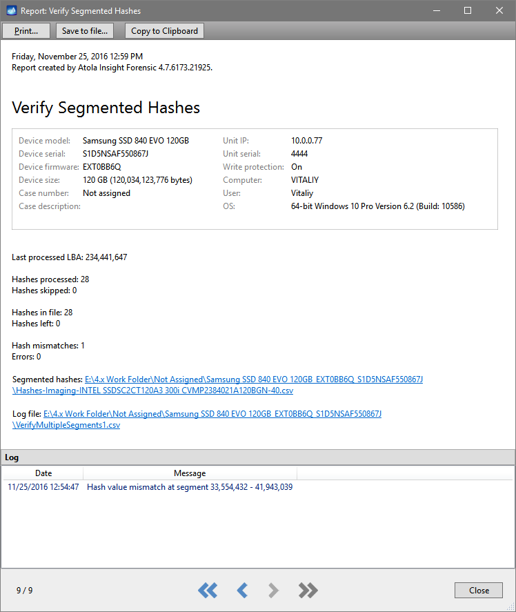 Segmented hash verification report