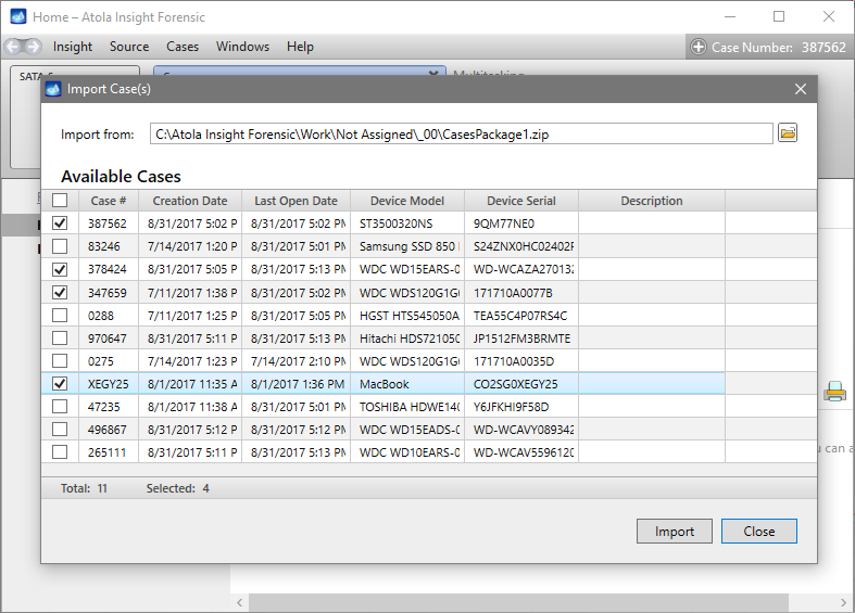 Importing cases selectively