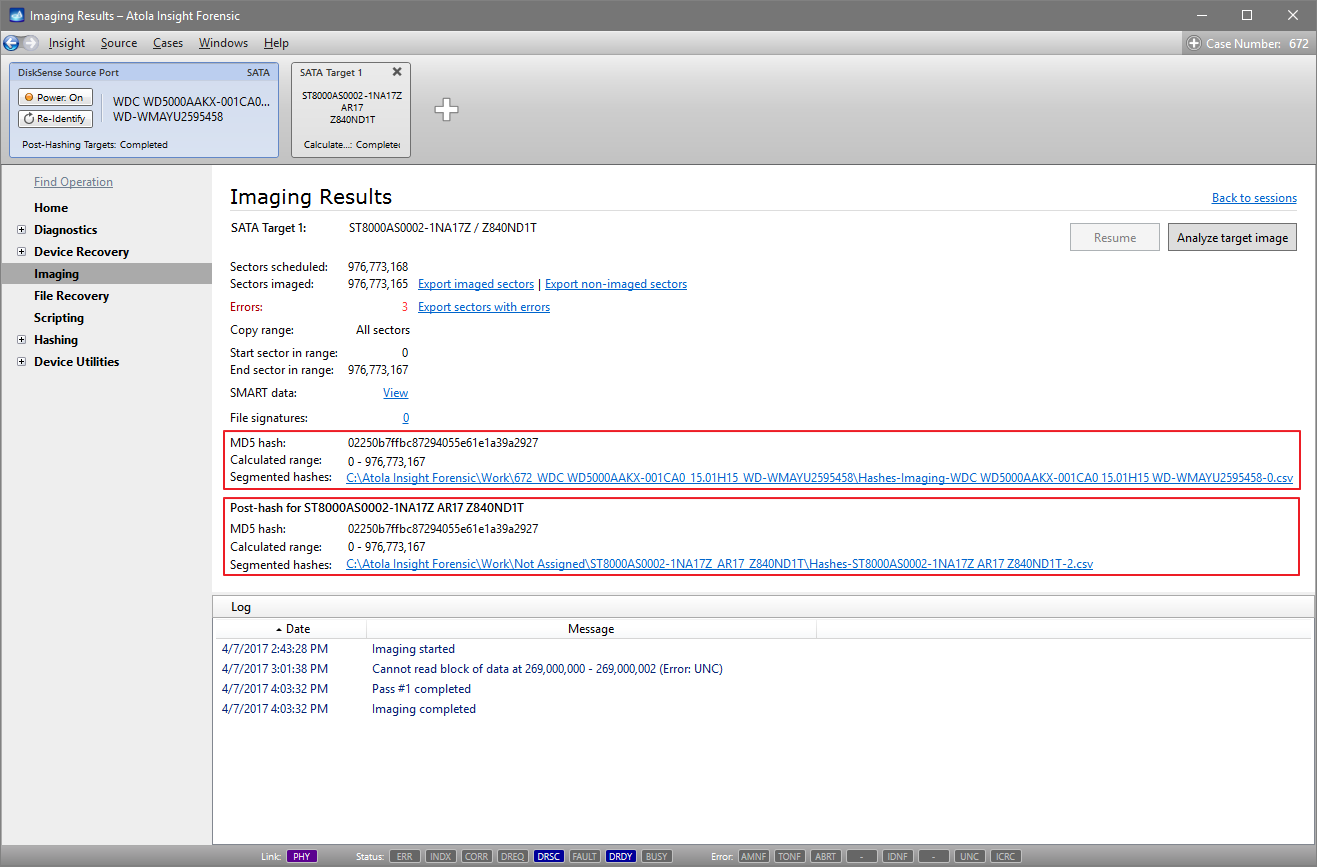 Imaging results with segmented hashes
