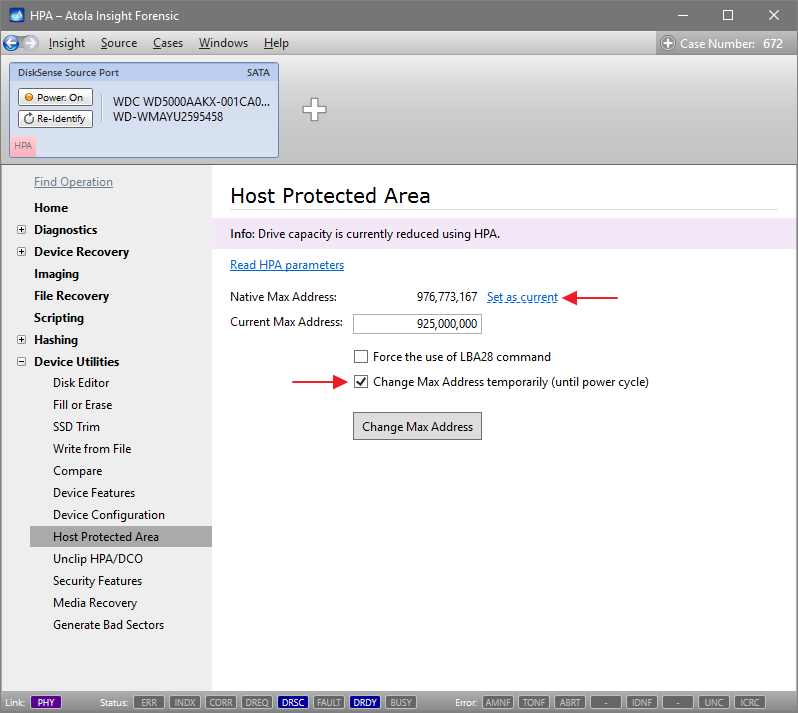 Changing HPA max address until power cycle