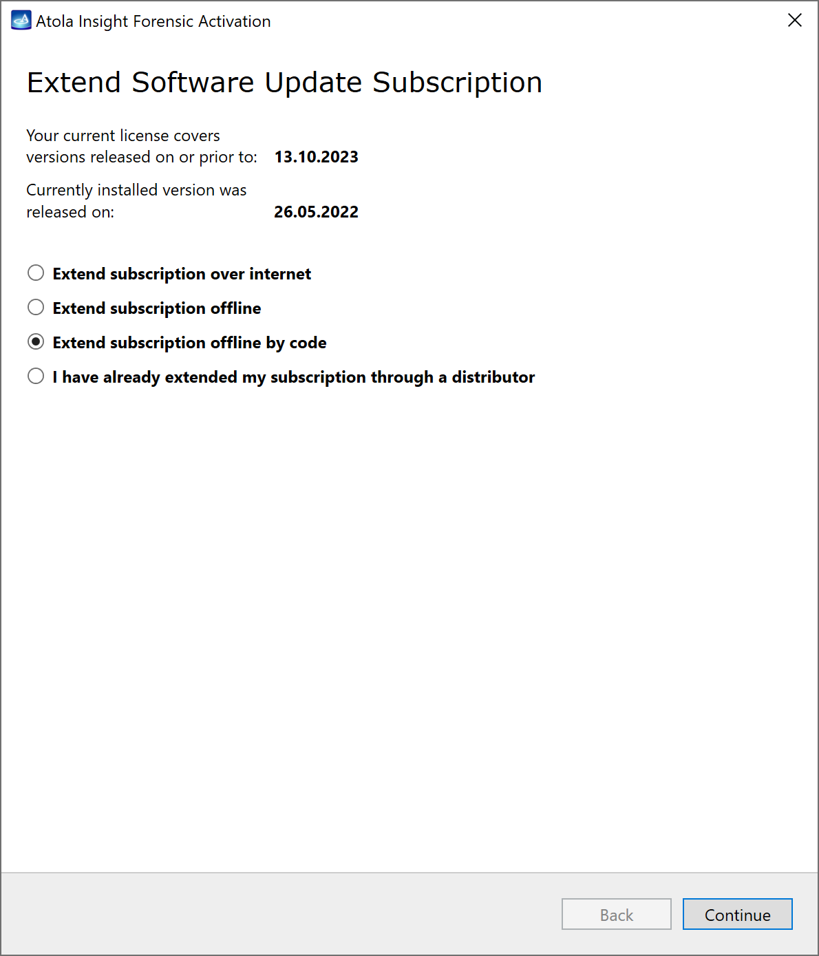 Extend subscription offline by code option.