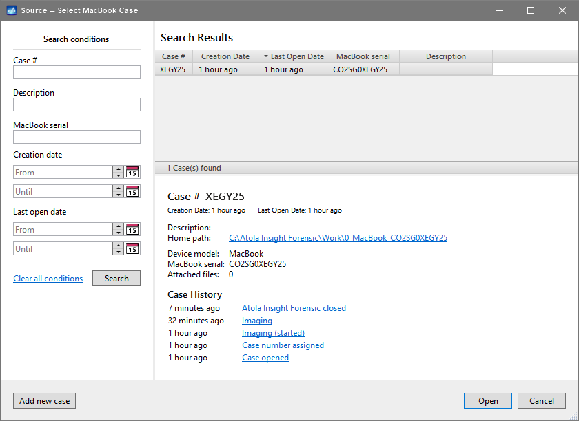 Opening an existing MacBook case from the Select MacBook Case window.