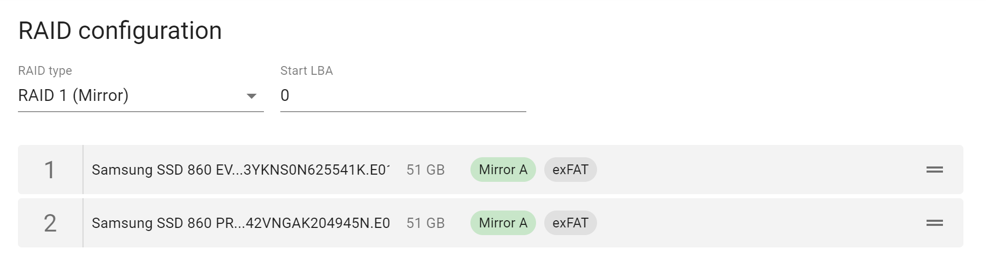 TaskForce labels a mirrored pair of devices in RAID 1 with the Mirror tag.